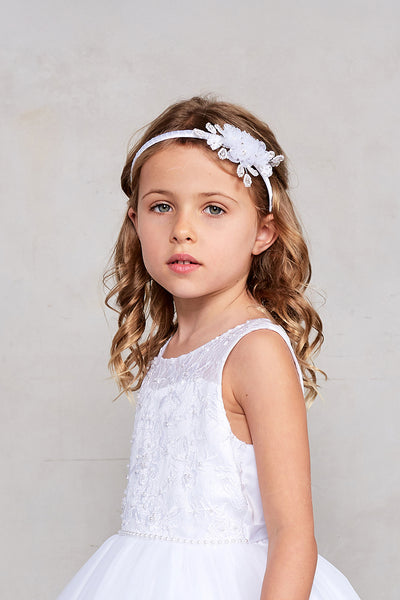 Girls Satin Headband Organza Flowers Rhinestones