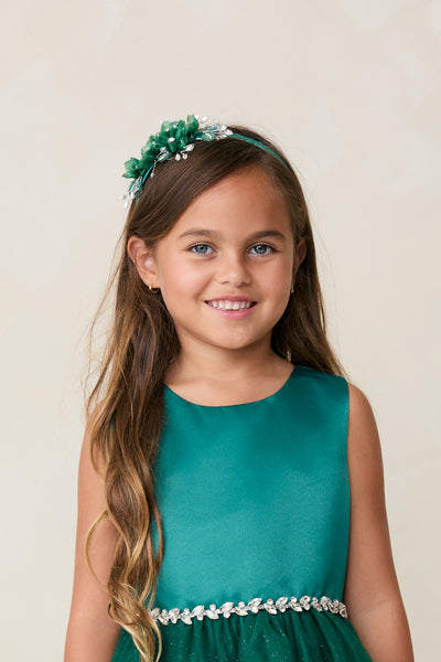 Girls Satin Headband Organza Flowers Rhinestones