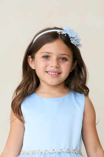 Girls Satin Headband Organza Flowers Rhinestones