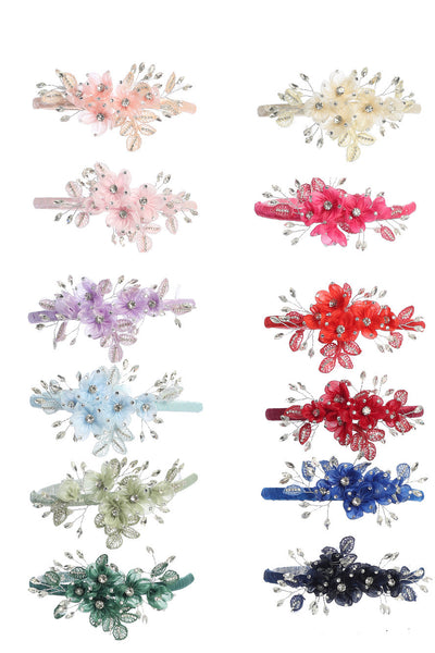 Girls Satin Headband Organza Flowers Rhinestones