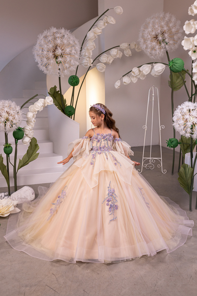 Elowynn Fleur Girls Couture Pageant Gown | Beige & Purple