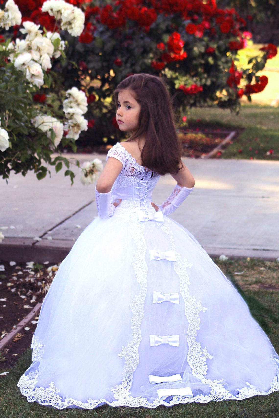 White Lace Communion Gown Flower Girl Tulle Dress Baby Baptism Gown