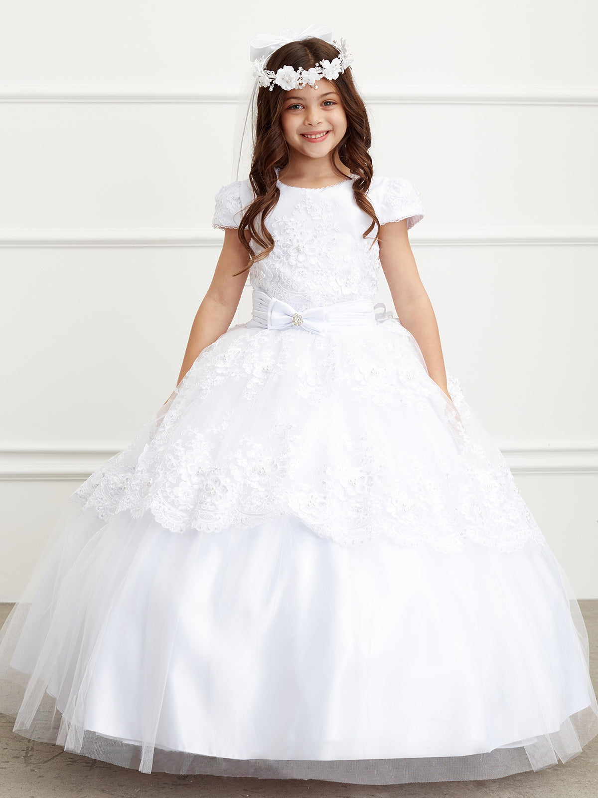 Communion Flower Girl Floor Length White Satin Lace Dress