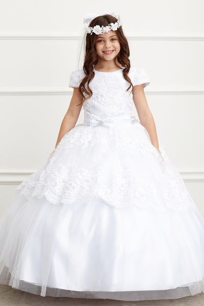 Communion Flower Girl Floor Length White Satin Lace Dress