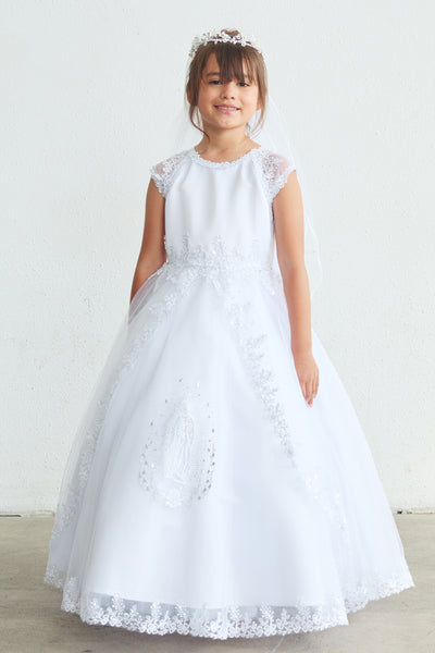 Girls Communion Dress with Virgin Mary | White Floor Length Gown