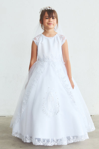 Girls Communion Dress with Virgin Mary | White Floor Length Gown