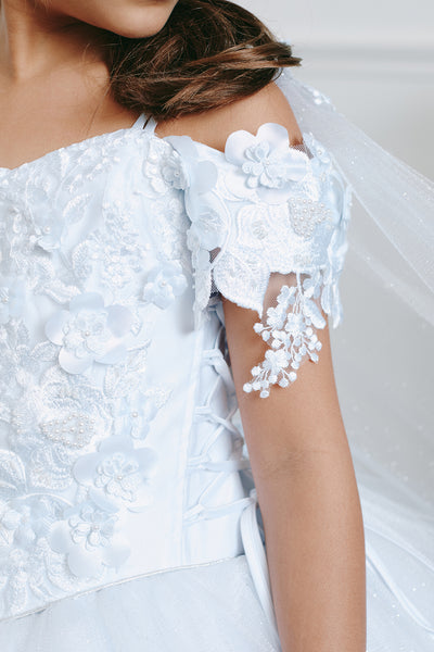 3D Flower Communion Dress with Cape for Girls