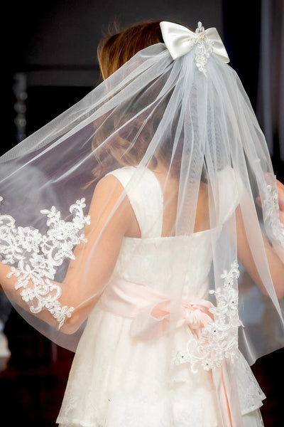 Embroidered Italian Lace First Communion Veil With Cute Bow