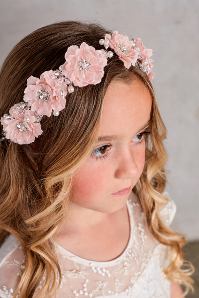 Silk Flower Girl Headband with Pearls & Crystals