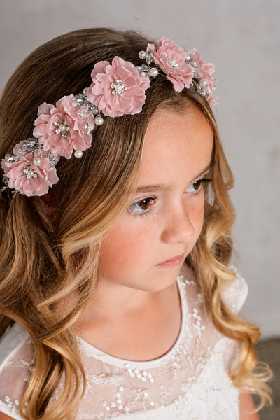 Silk Flower Girl Headband with Pearls & Crystals