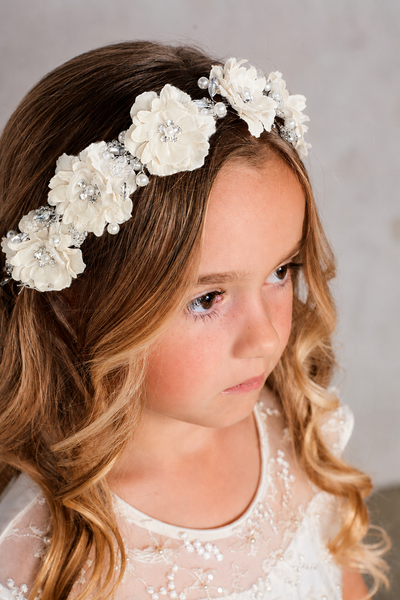 Silk Flower Girl Headband with Pearls & Crystals