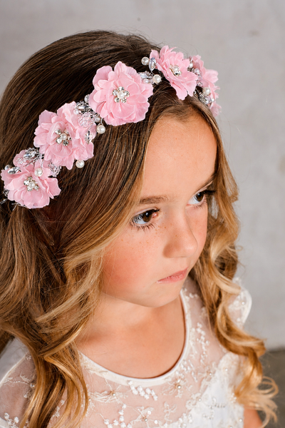 Silk Flower Girl Headband with Pearls & Crystals