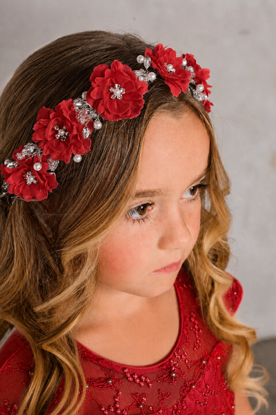 Silk Flower Girl Headband with Pearls & Crystals