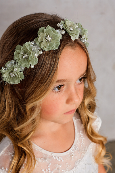Silk Flower Girl Headband with Pearls & Crystals