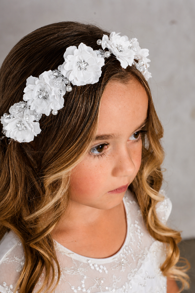 Silk Flower Girl Headband with Pearls & Crystals
