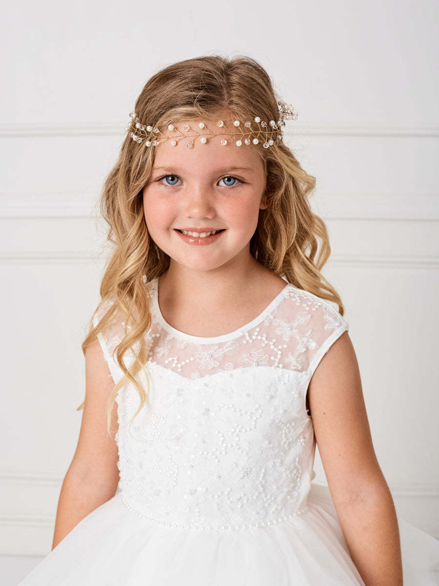 Girls Elegant Crystal And Pearl Headpiece With Satin Tie