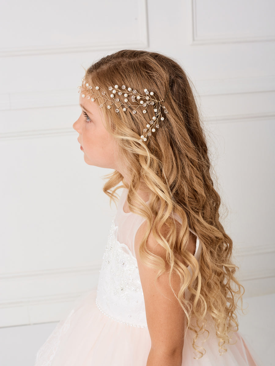 Girls Elegant Crystal And Pearl Headpiece With Satin Tie