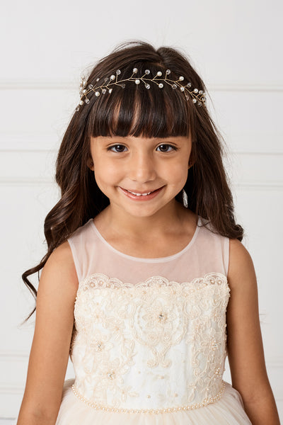 Girls Elegant Crystal And Pearl Headpiece With Satin Tie