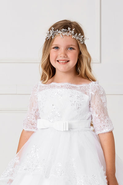 Girls Crystal Floral Headpiece With Satin Ribbon Tie