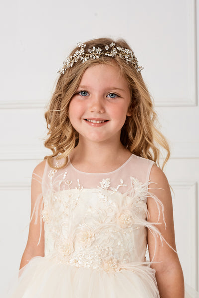 Girls Crystal Floral Headpiece With Satin Ribbon Tie