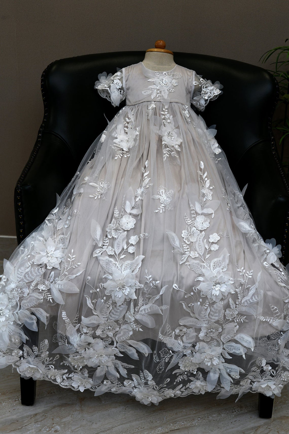 All Over Lace Baptism Gown Couture Christening Dress With 3D Lace Button Back