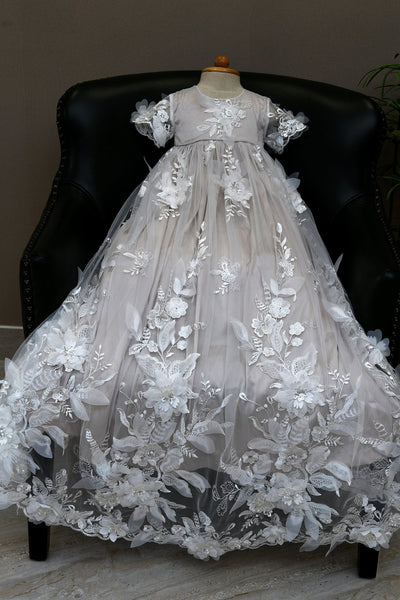 All Over Lace Baptism Gown Couture Christening Dress With 3D Lace Button Back