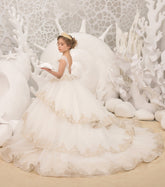 Pageant Girl Tulle Lace Wedding Flower Girl Ivory Birthday Party Long Dress