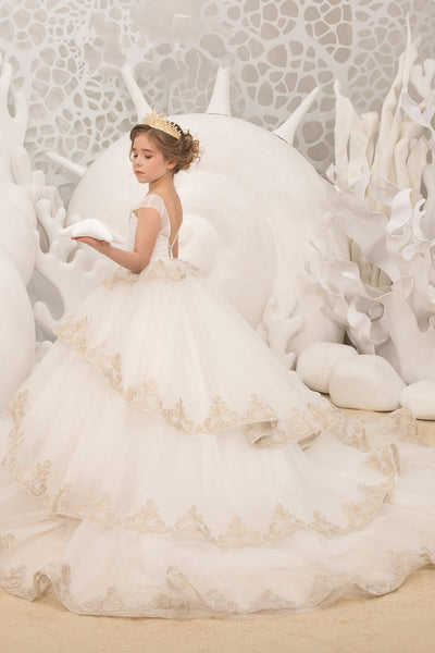 Pageant Girl Tulle Lace Wedding Flower Girl Ivory Birthday Party Long Dress
