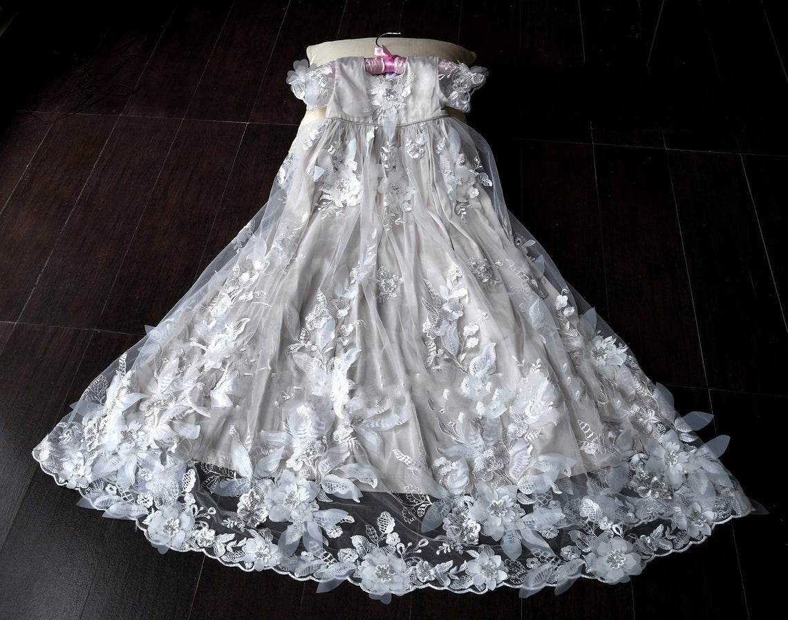 All Over Lace Baptism Gown Couture Christening Dress With 3D Lace Button Back