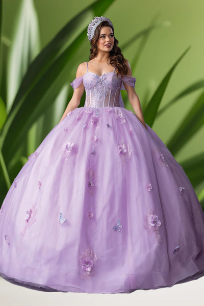 Lilac & Red Quinceañera Ball Gown with Floral Appliqué