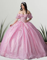 Rosabelle Bloom Pink Quinceañera Gown – Floral Glitter Ballgown