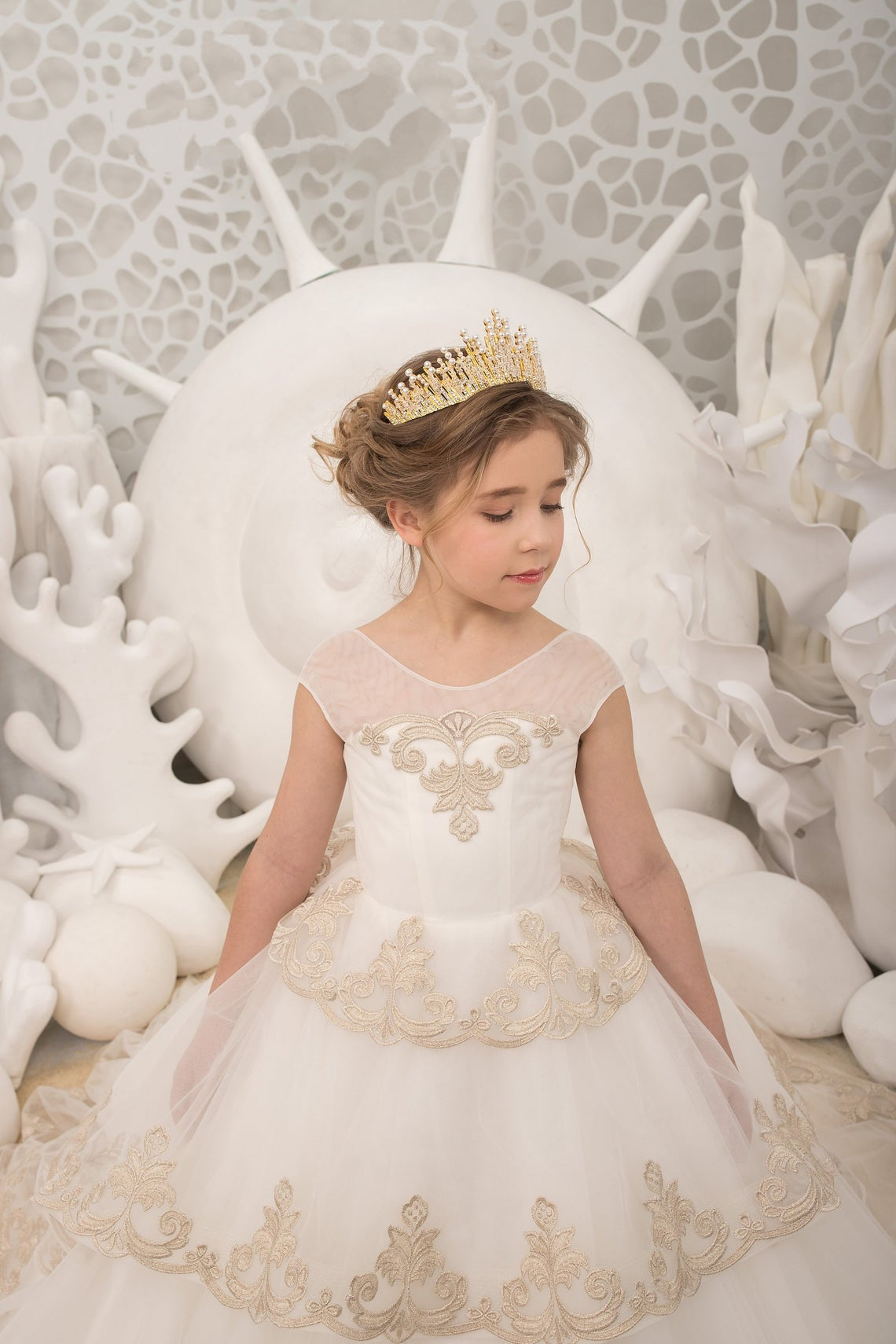 Pageant Girl Tulle Lace Wedding Flower Girl Ivory Birthday Party Long Dress