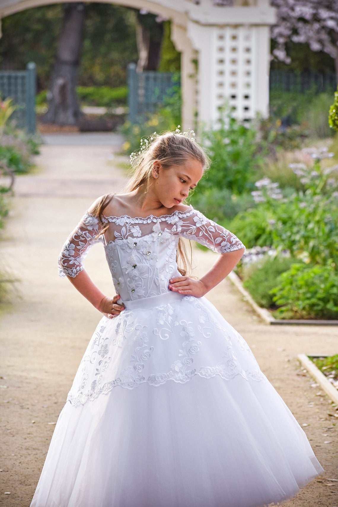 Girls Couture Hand Made Off The Shoulder Communion Flower Girl Dress