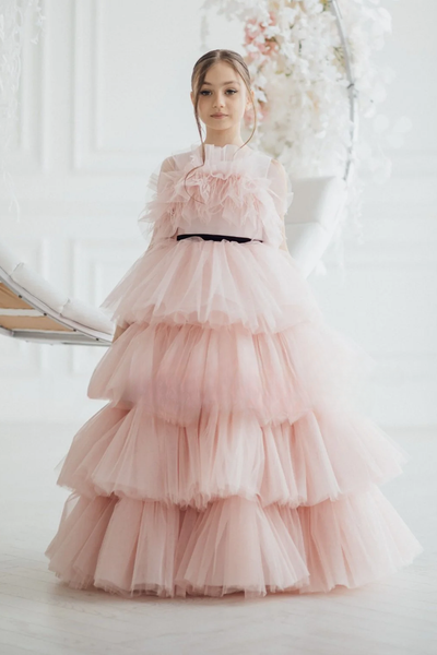 Ruffled Tulle Pageant Gown - Imani Girls Ostrich Feather Ball Gown