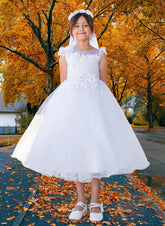 Julissa White Tea-Length Dress for Communion & Flower Girl