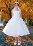Julissa White Tea-Length Dress for Communion & Flower Girl