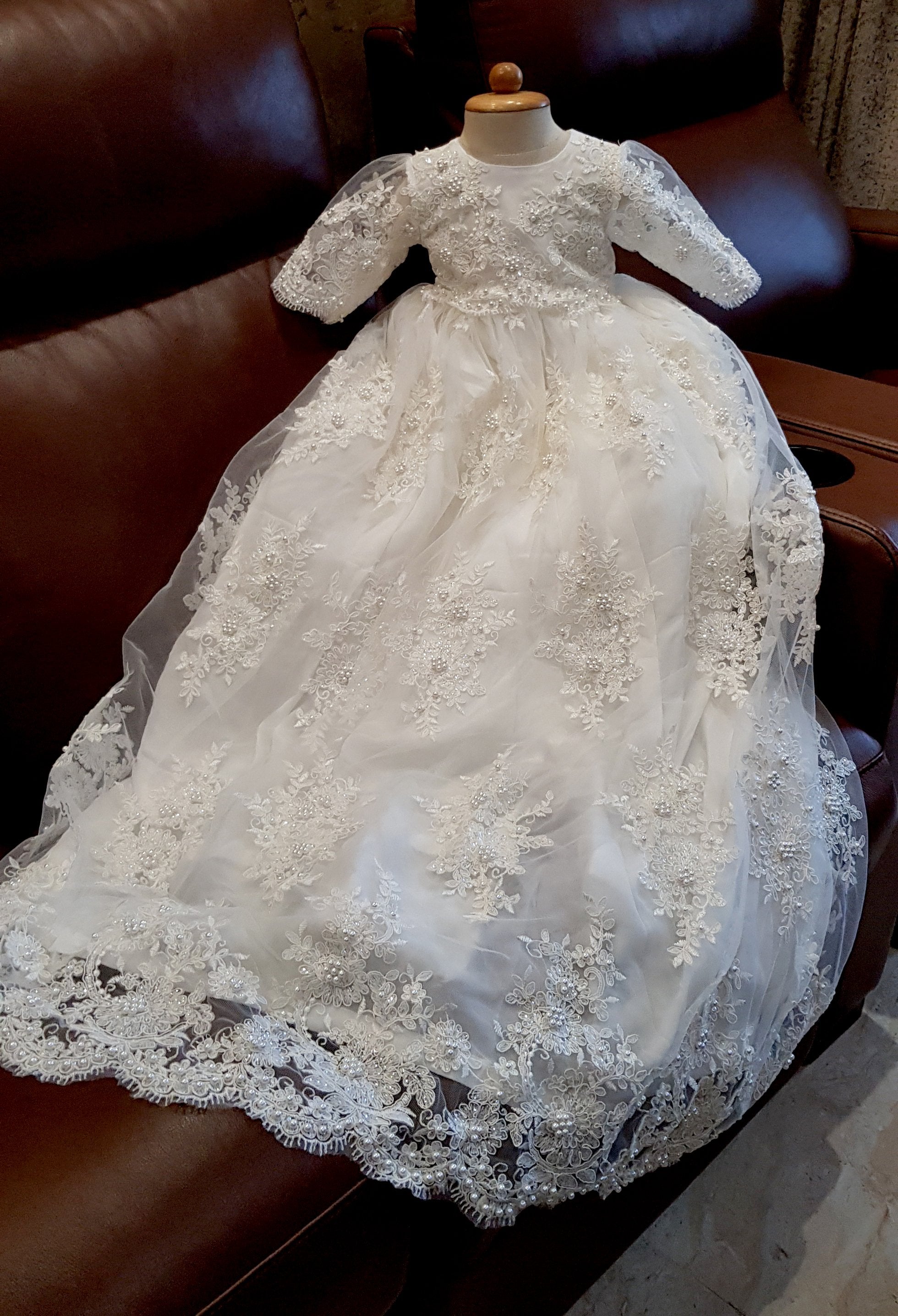 Handmade Baptism Gown Christening Beaded Lace Gown Baby Baptism Dress