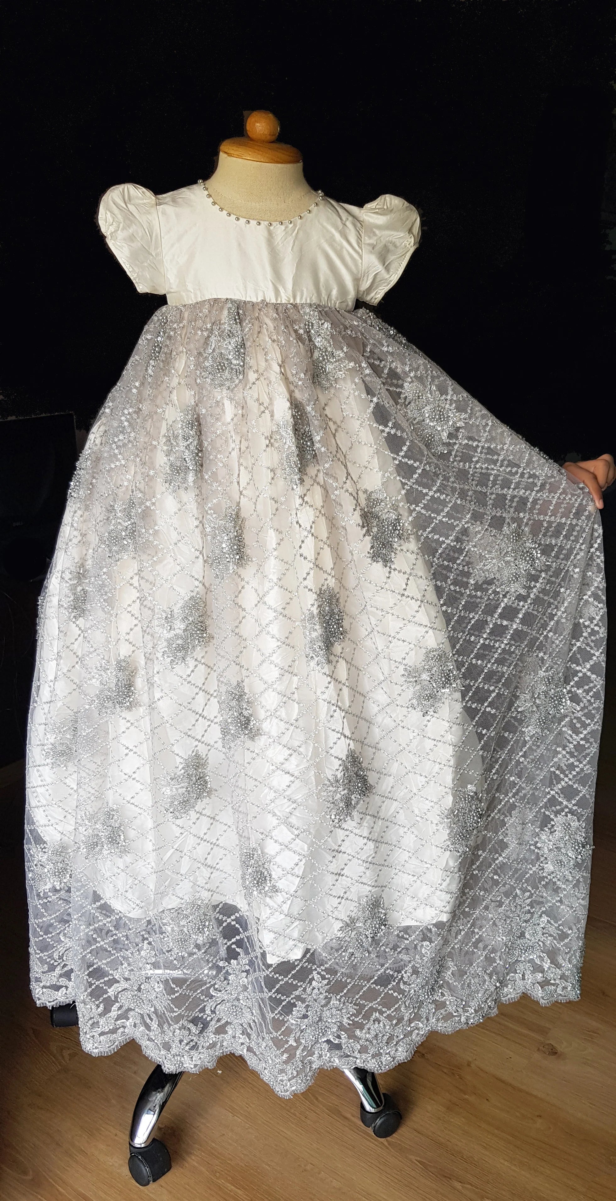 Breathtaking Satin Lace Beaded Couture Baby Baptismal Gown