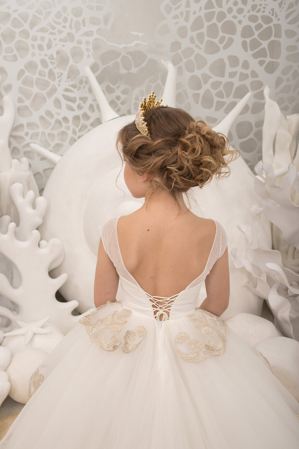 Pageant Girl Tulle Lace Wedding Flower Girl Ivory Birthday Party Long Dress