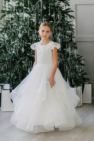 Felecia White Layered Lace Gown – Communion & Flower Girl Dress