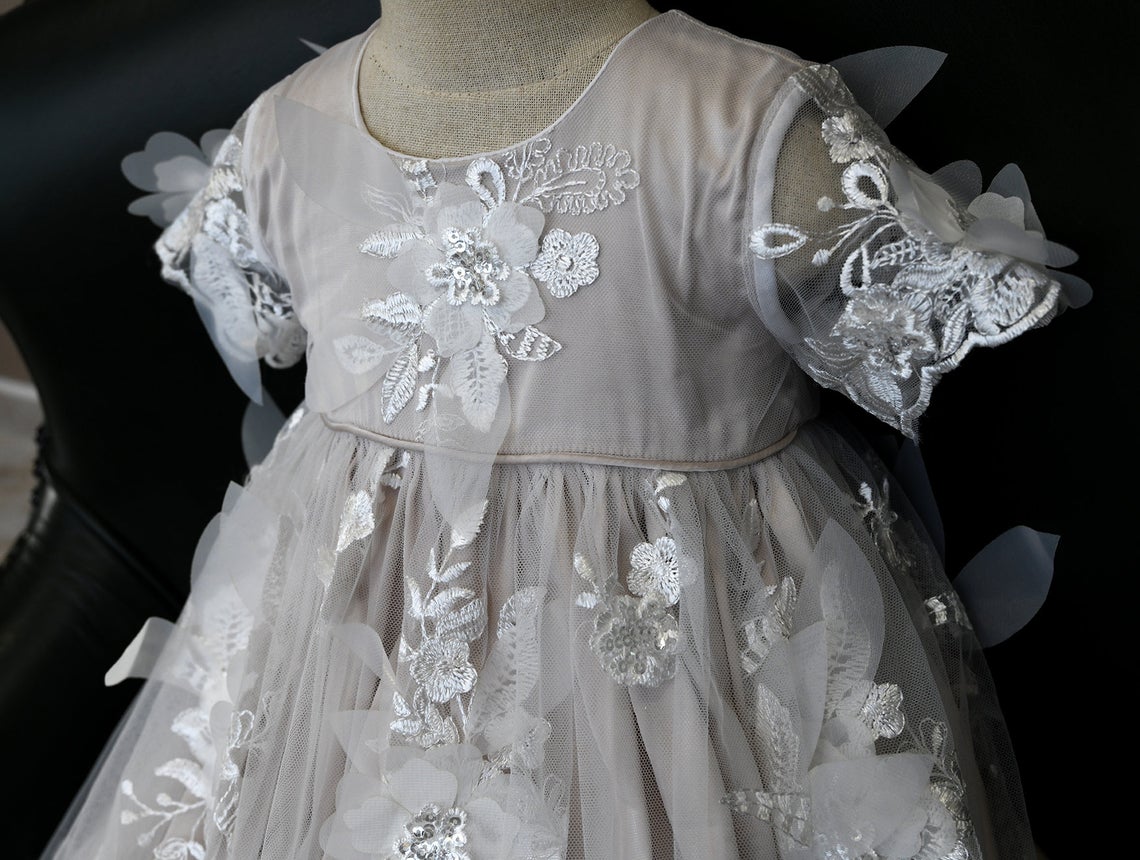 All Over Lace Baptism Gown Couture Christening Dress With 3D Lace Button Back