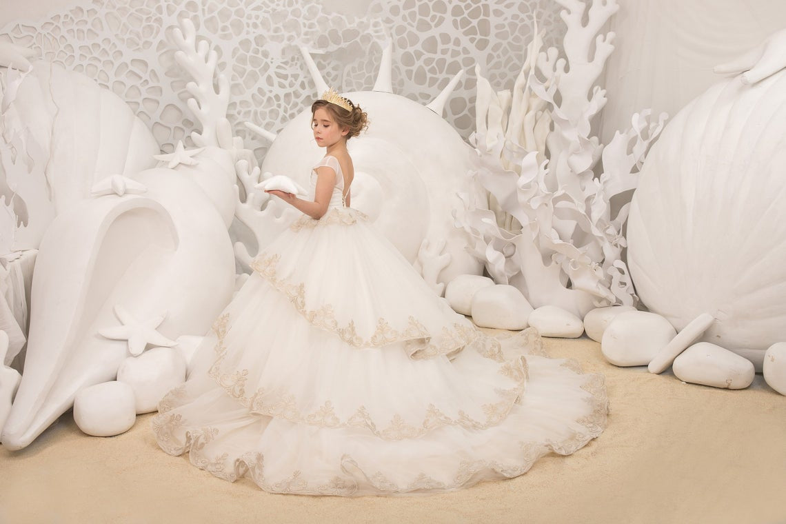 Pageant Girl Tulle Lace Wedding Flower Girl Ivory Birthday Party Long Dress