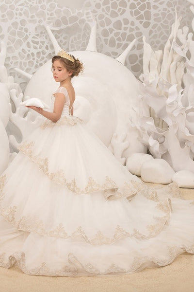 Pageant Girl Tulle Lace Wedding Flower Girl Ivory Birthday Party Long Dress