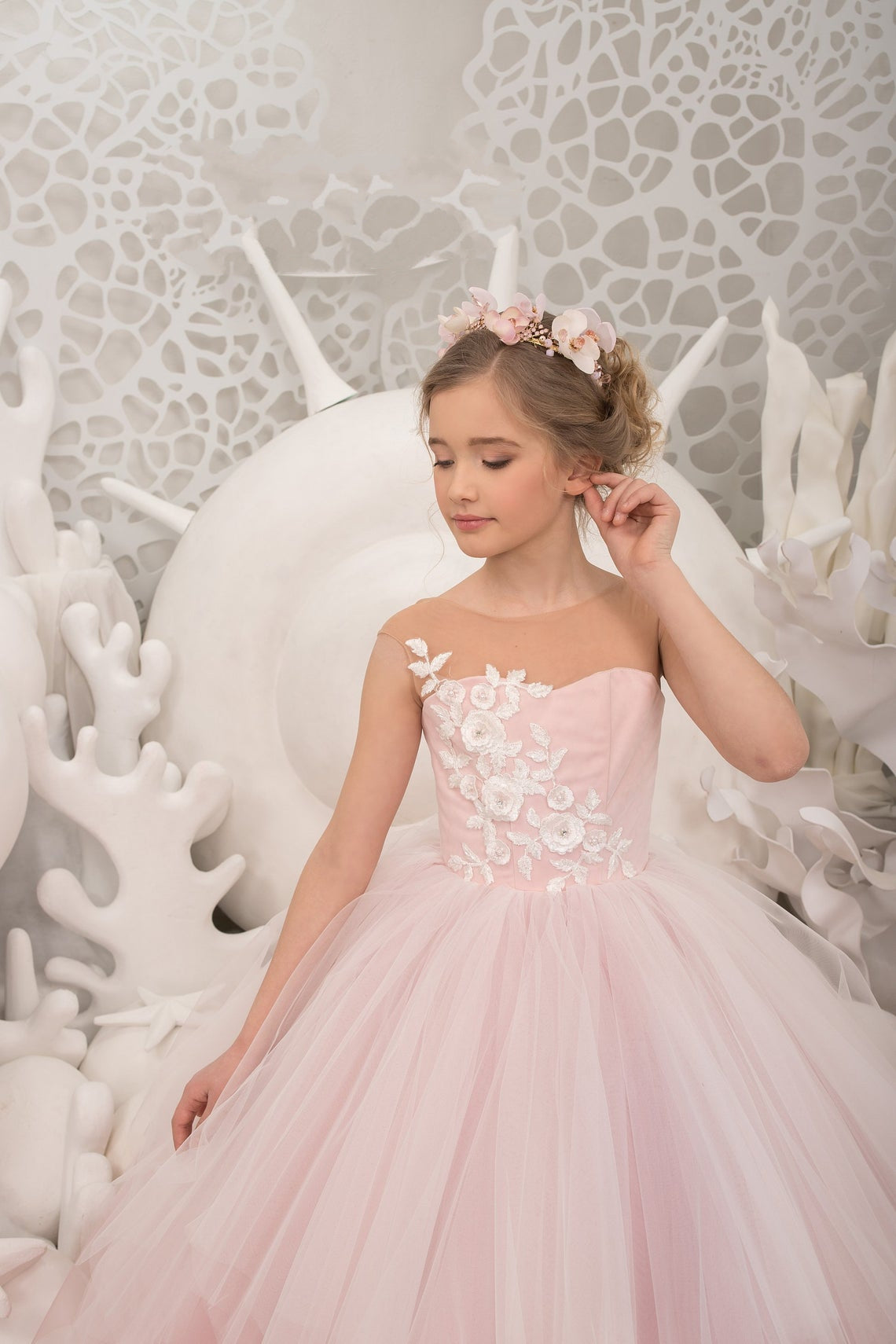 Couture Ivory Blush Natural Pageant Gown Wedding Flower Girl Tulle Dress