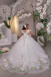 Ivory & Green Floral Fashion Couture Girls Ball Gown