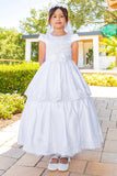 White Satin Tea Length First Communion Dress Girls
