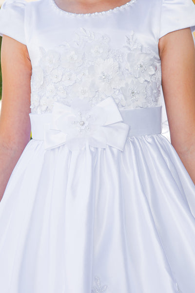 White Satin Tea Length First Communion Dress Girls