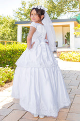 White Satin Tea Length First Communion Dress Girls