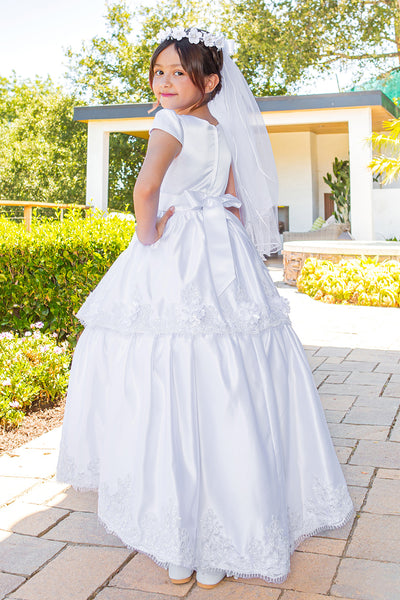 White Satin Tea Length First Communion Dress Girls