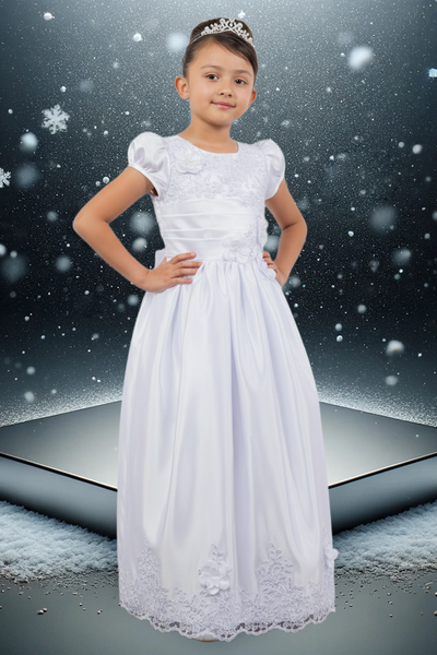 Girls White Satin Communion Gown with Floral Lace